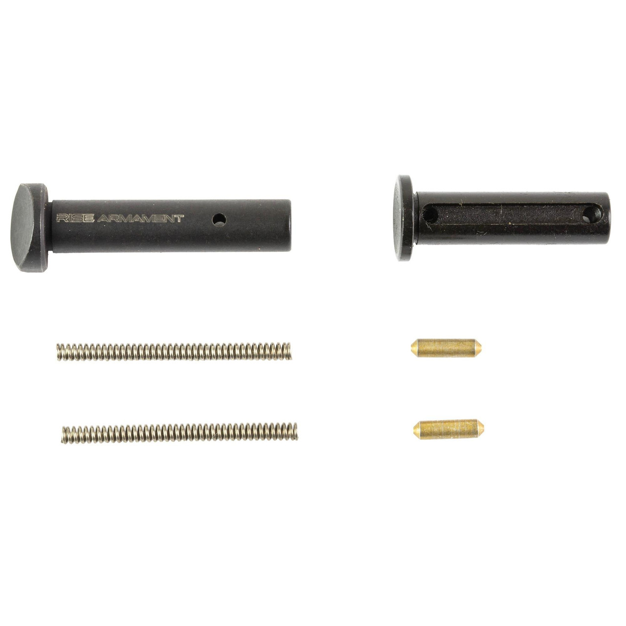 Rise Armament RA-020-BLK Enhanced AR-15 Takedown and Pivot Pins, disassembled with two black takedown pins, two gold pivot pins, and two screws on a white background.