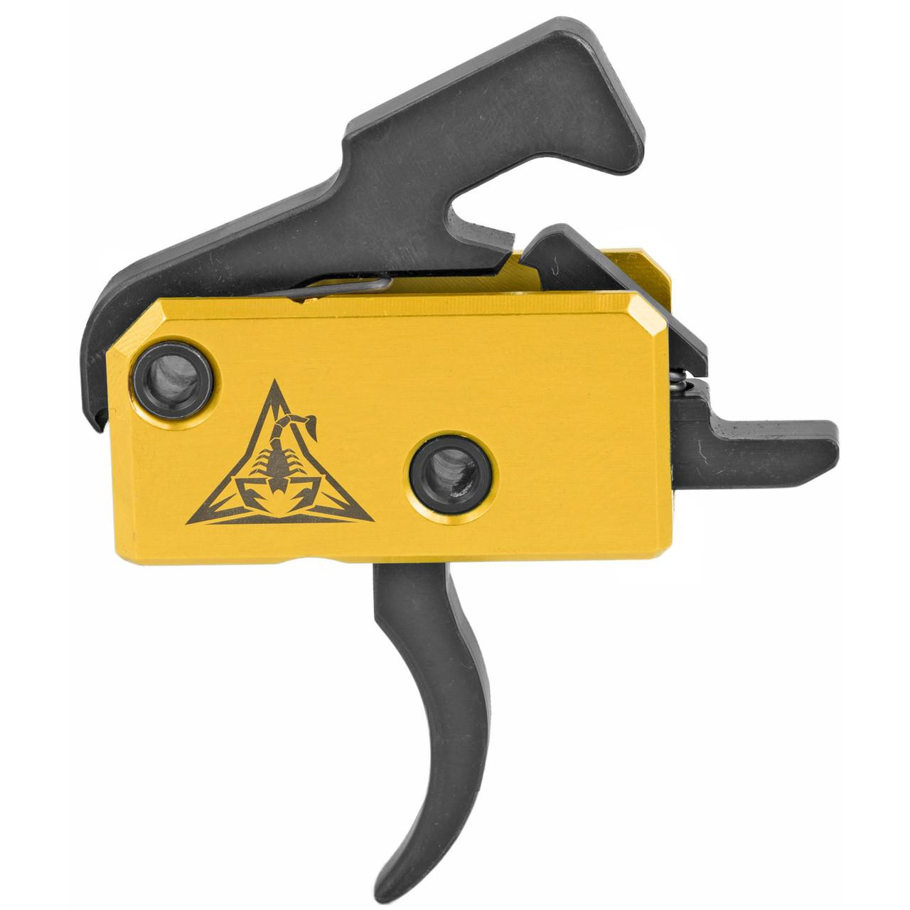Rise Armament RA-140-DTOM Super Sporting Trigger with Anti-Walk Pins - Don't Tread On Me Edition, yellow and black trigger for firearms with anti-walk pins and engraved snake logo.