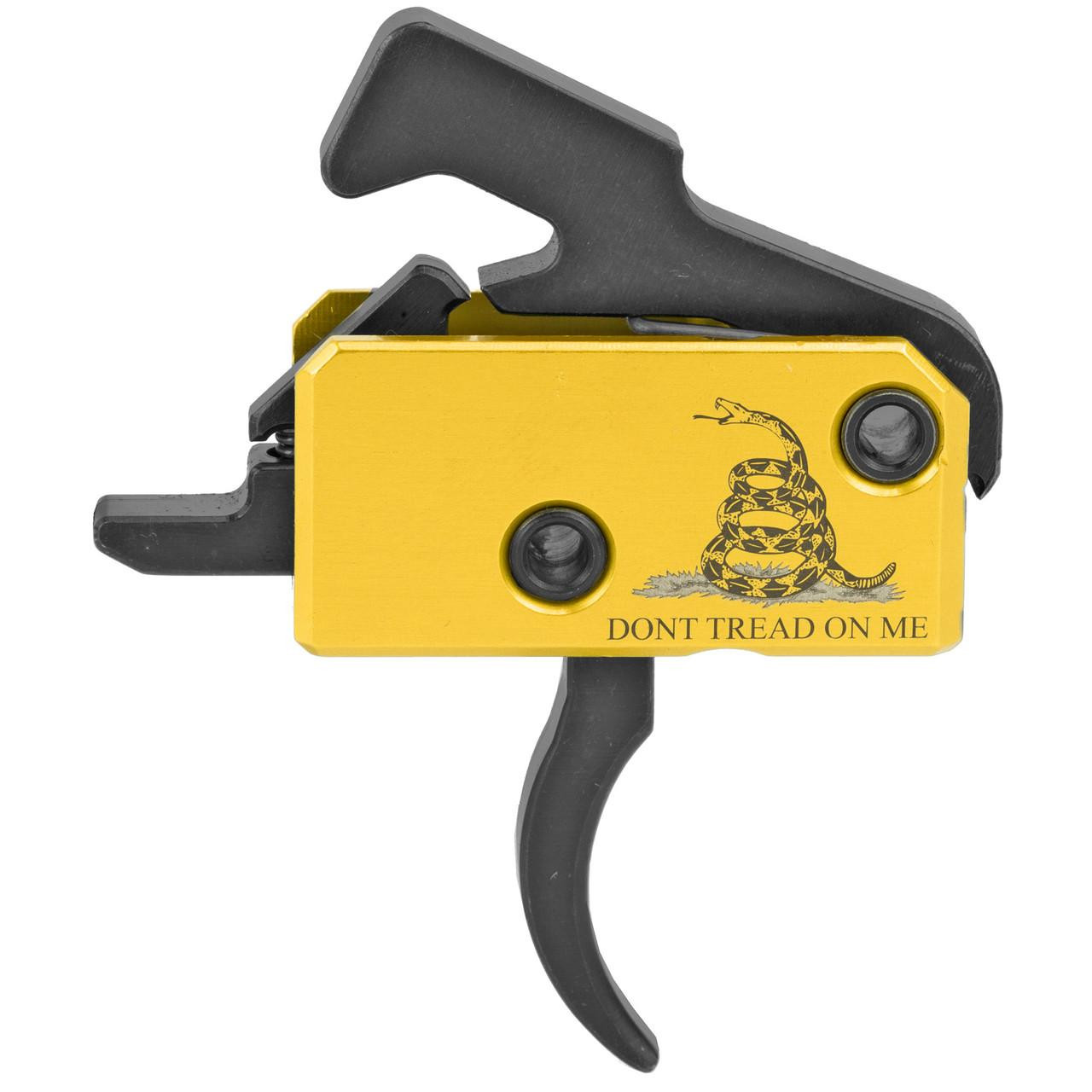 Rise Armament RA-140-DTOM Super Sporting Trigger with Anti-Walk Pins - Don't Tread On Me Edition, yellow trigger with black Anti-Walk Pins and a snake emblem with the slogan "Don't Tread On Me" on it.