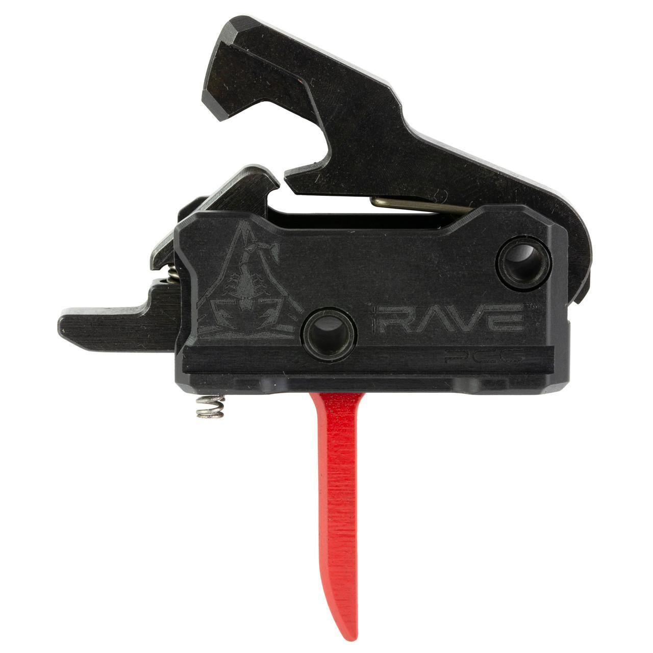 Rise Armament T017F-PCC-RED RAVE-PCC Trigger, Precision Red Nitride Trigger for Enhanced Firearm Performance, shown in black with a red trigger in a close-up view.