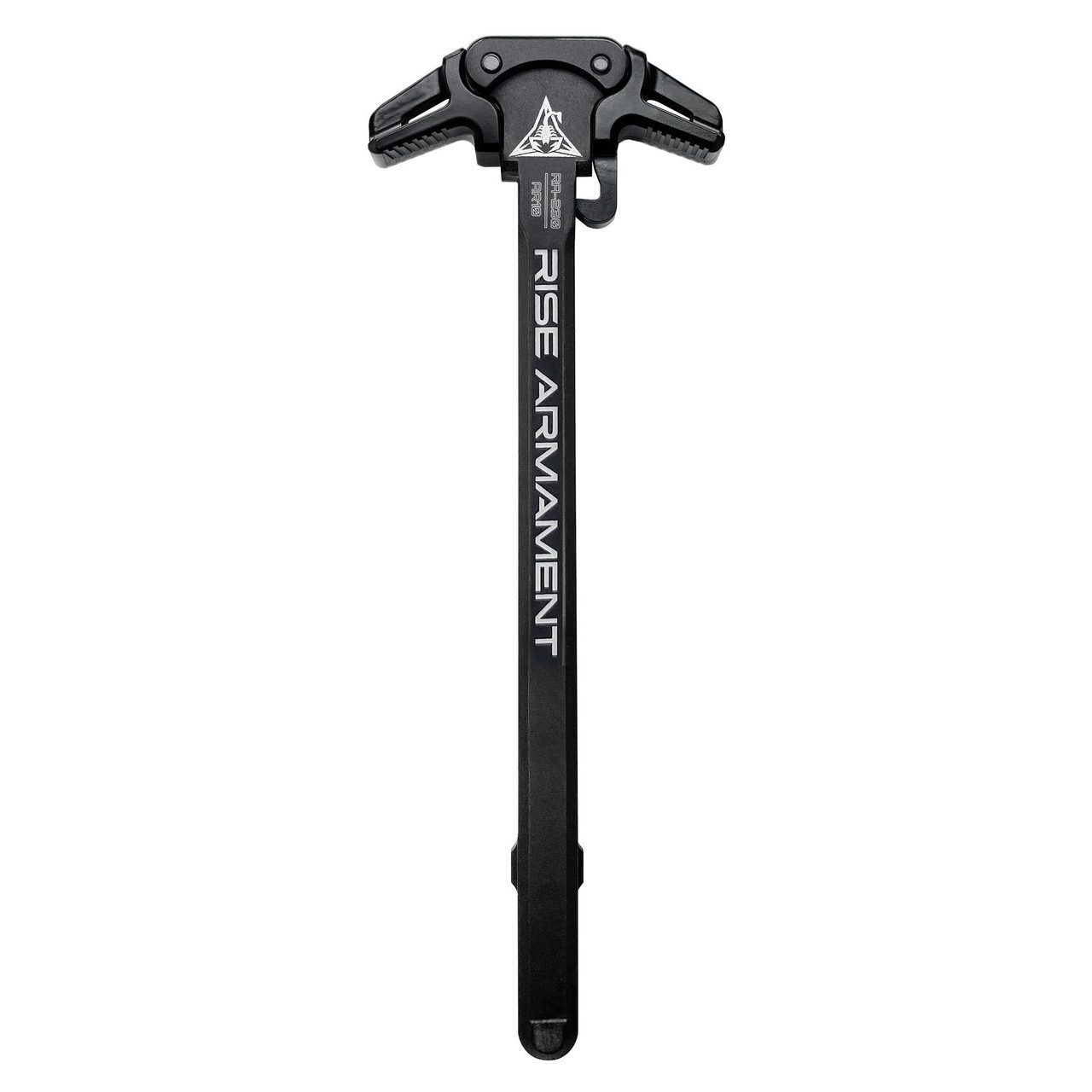 Rise Armament RA-230-BLK Ambidextrous AR-10 Charging Handle, durable black anodized aluminum with engraved branding.