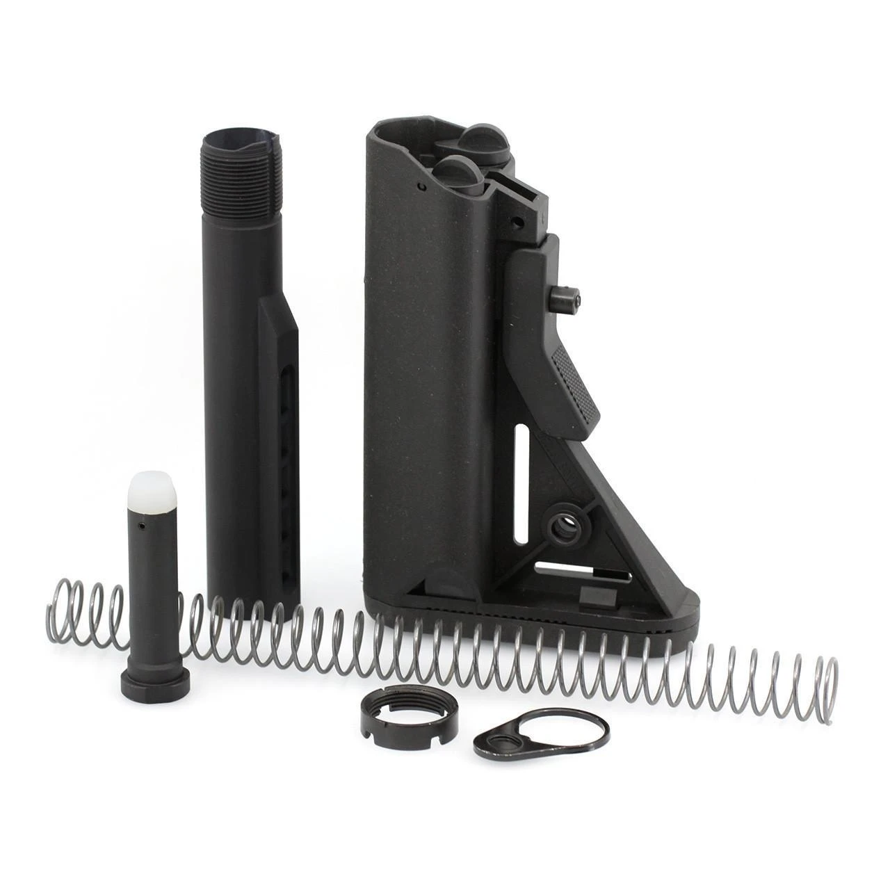 JE Machine Tech Davidson Defense SOPMOD Style Collapsible Stock Kit - AR10/AR15 Mil-Spec Adjustable Stock with Buffer Tube Kit, image of a black collapsible stock, buffer tube, spring, and attachment parts.