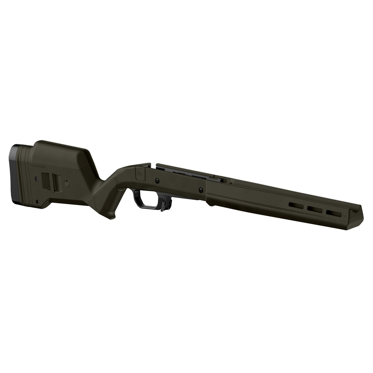Magpul Industries Magpul HUNTR SAV 110 SA Stock Left Hand ODG - Ergonomic Rifle Stock for Savage Short Action Rifles, shown in olive drab green color with adjustable cheek rest and ergonomic design.