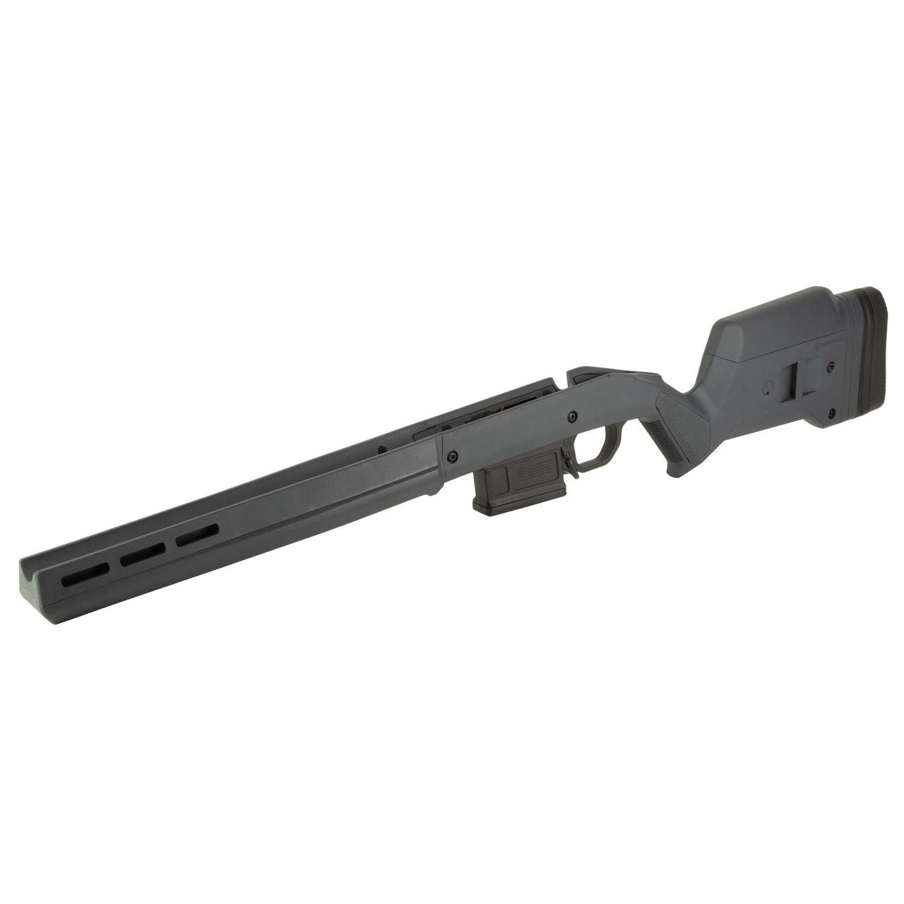 Magpul Industries MAG931-GRY Hunter American Stock for Ruger American Short Action Rifles, adjustable polymer stock with M-LOK compatibility, black/gray color, shown on a rifle stock.