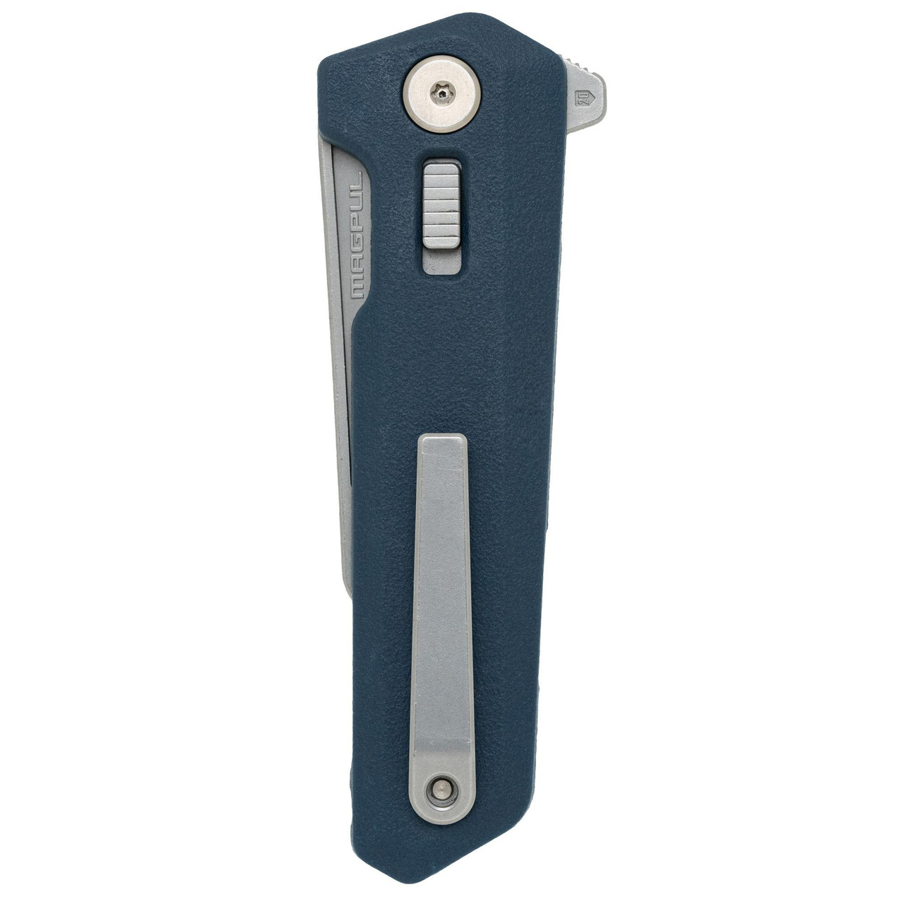 Magpul Industries MAG1081-GBL Breslau Knife - Glacier Blue, MVN35 Blade, Tactical Precision Tool, front view of the blue and silver tactical knife with textured handle and locking mechanism.
