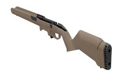 Magpul Industries Magpul HUNTR LTE Stock for Ruger American Short Action Rifles, lightweight adjustable stock in Flat Dark Earth shown from the side with a black recoil pad and receiver area.