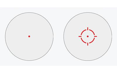 Riton Optics 1TARD24, image showing two target views, one with a single red dot and the other with a crosshair aiming reticle for precise shooting.