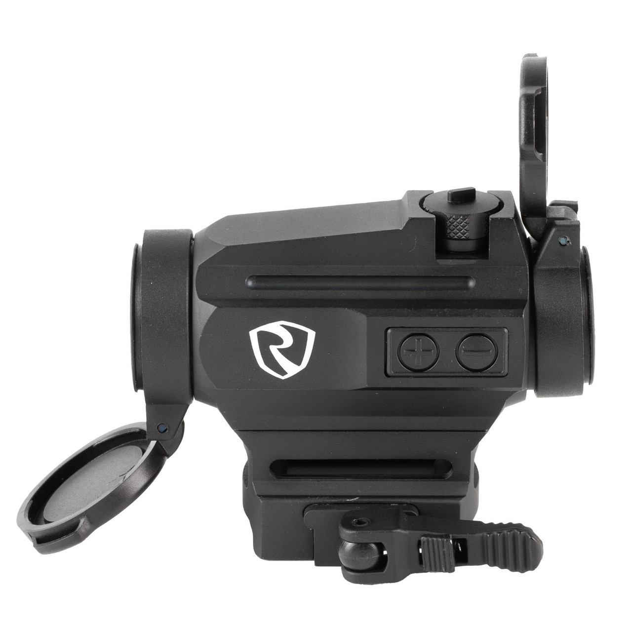 Riton Optics 1TARD24, tactical red dot sight with flip-up lens covers and mounting base.