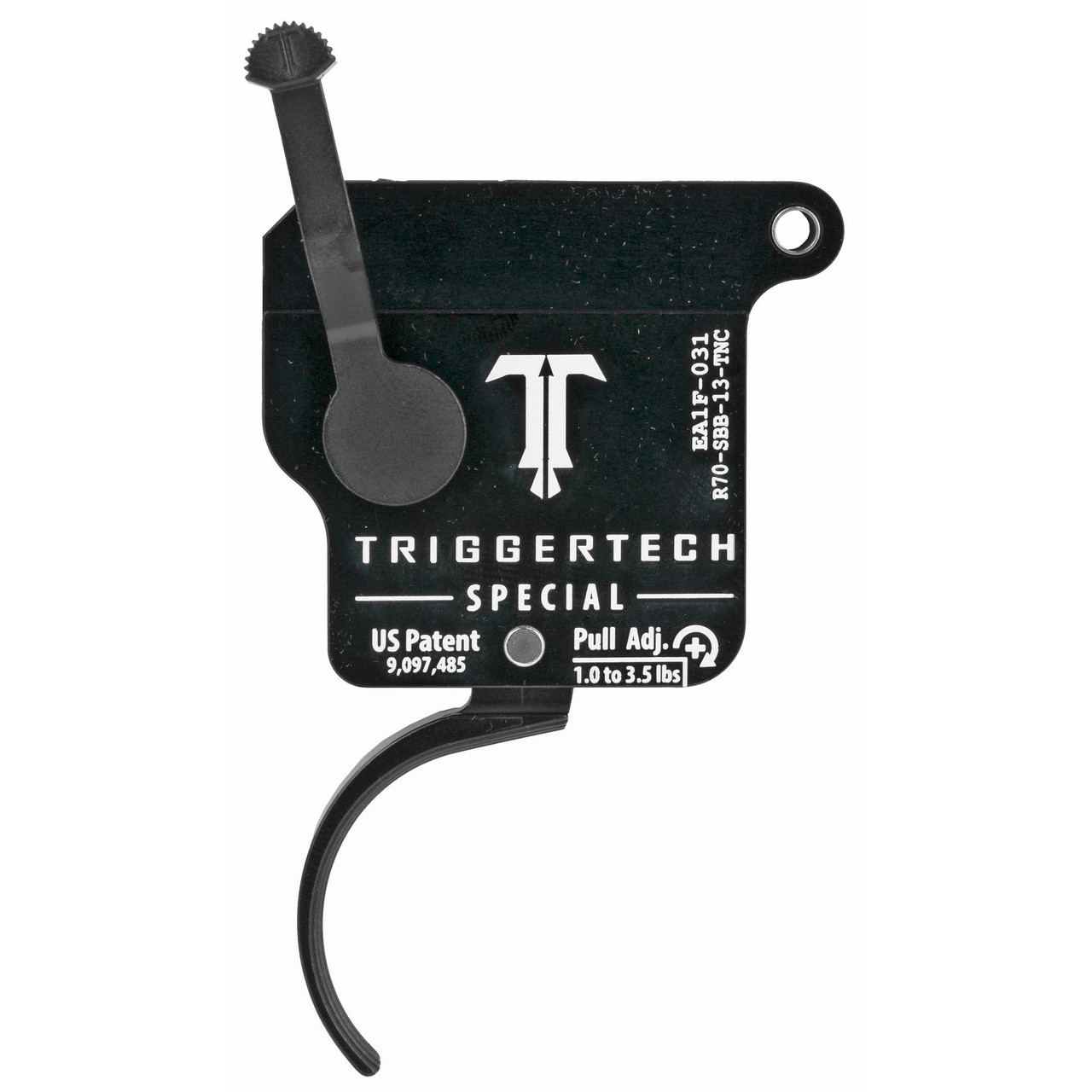 TriggerTech R70-SBB-13-TNC Remington 700 Precision Drop-In Trigger - Adjustable Pull Weight for Enhanced Shooting Control, black precision trigger with adjustment lever and patent markings.