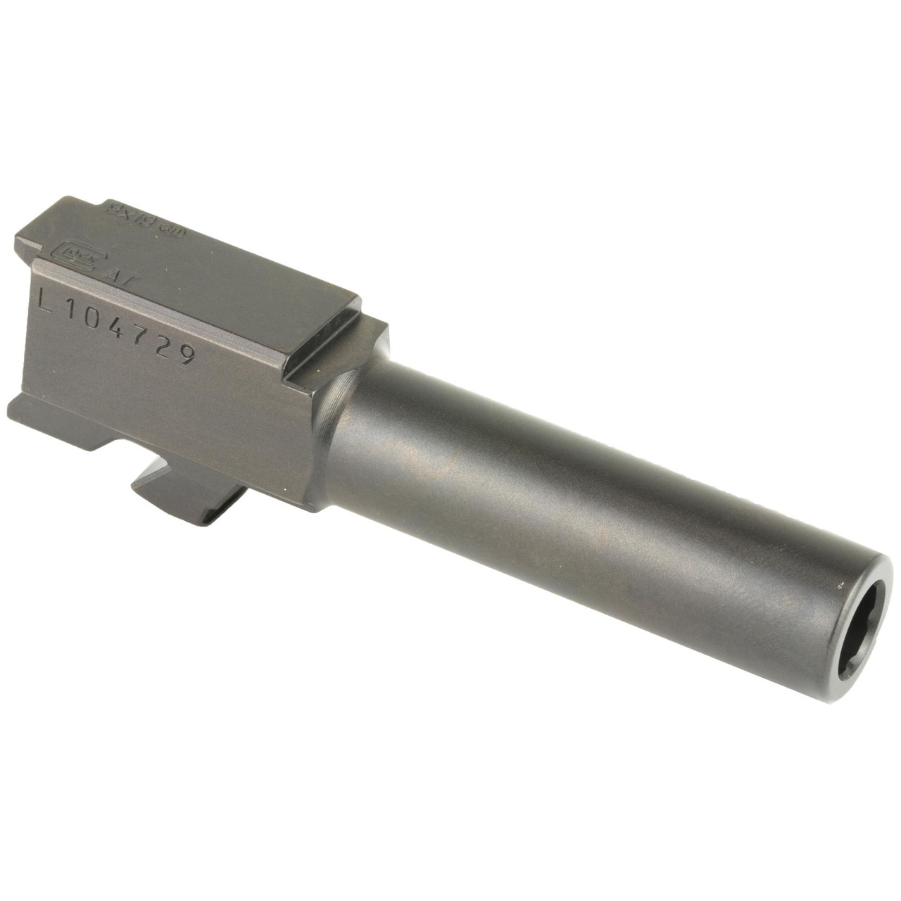 GLOCK SP06012 OEM Barrel for G26 9MM - Precision Polygonal Rifling for Enhanced Accuracy & Performance, close-up view of the stainless steel firearm barrel with engraved serial number.