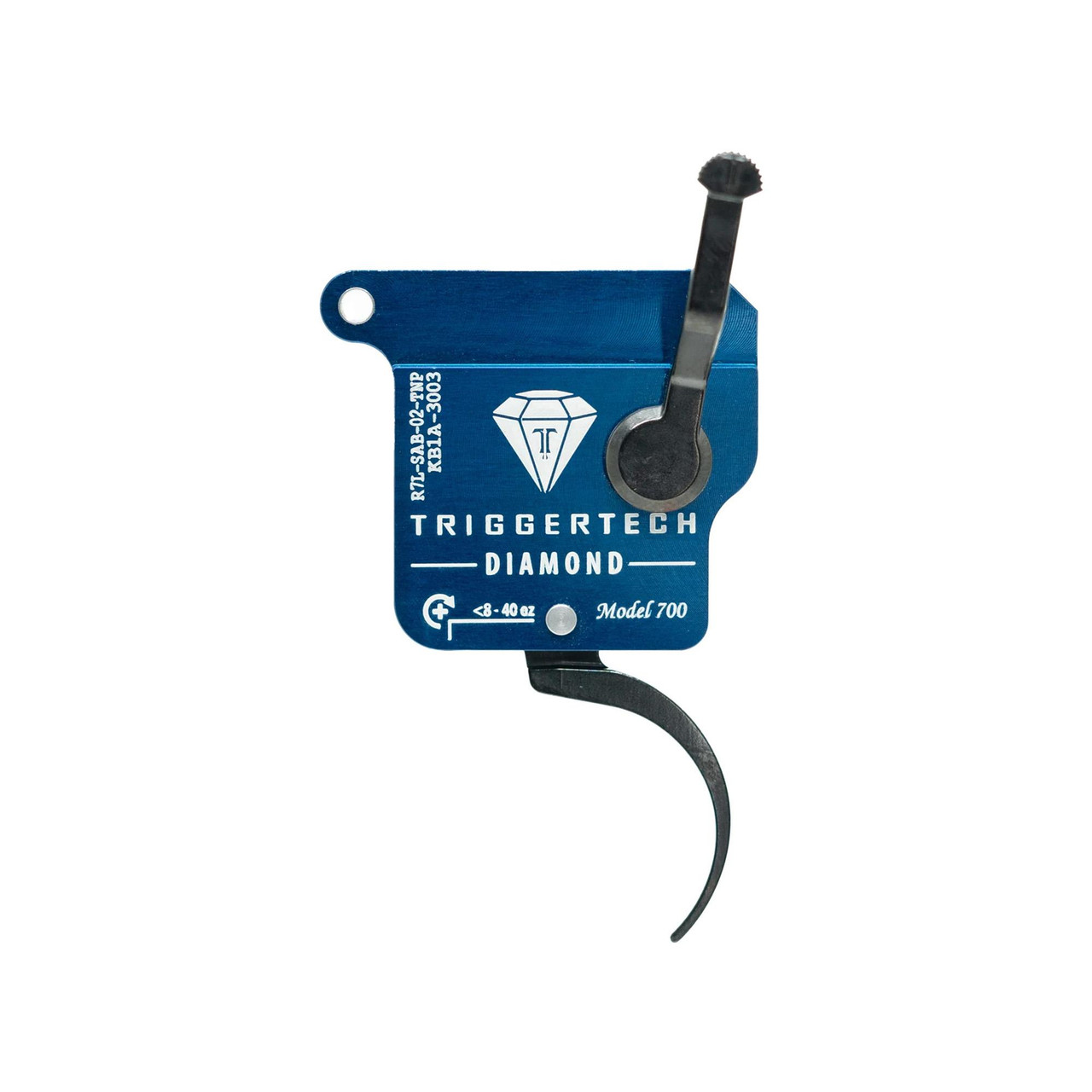 TriggerTech R7L-SAB-02-TNP, precision firearm trigger with blue metal component and black sear lever.