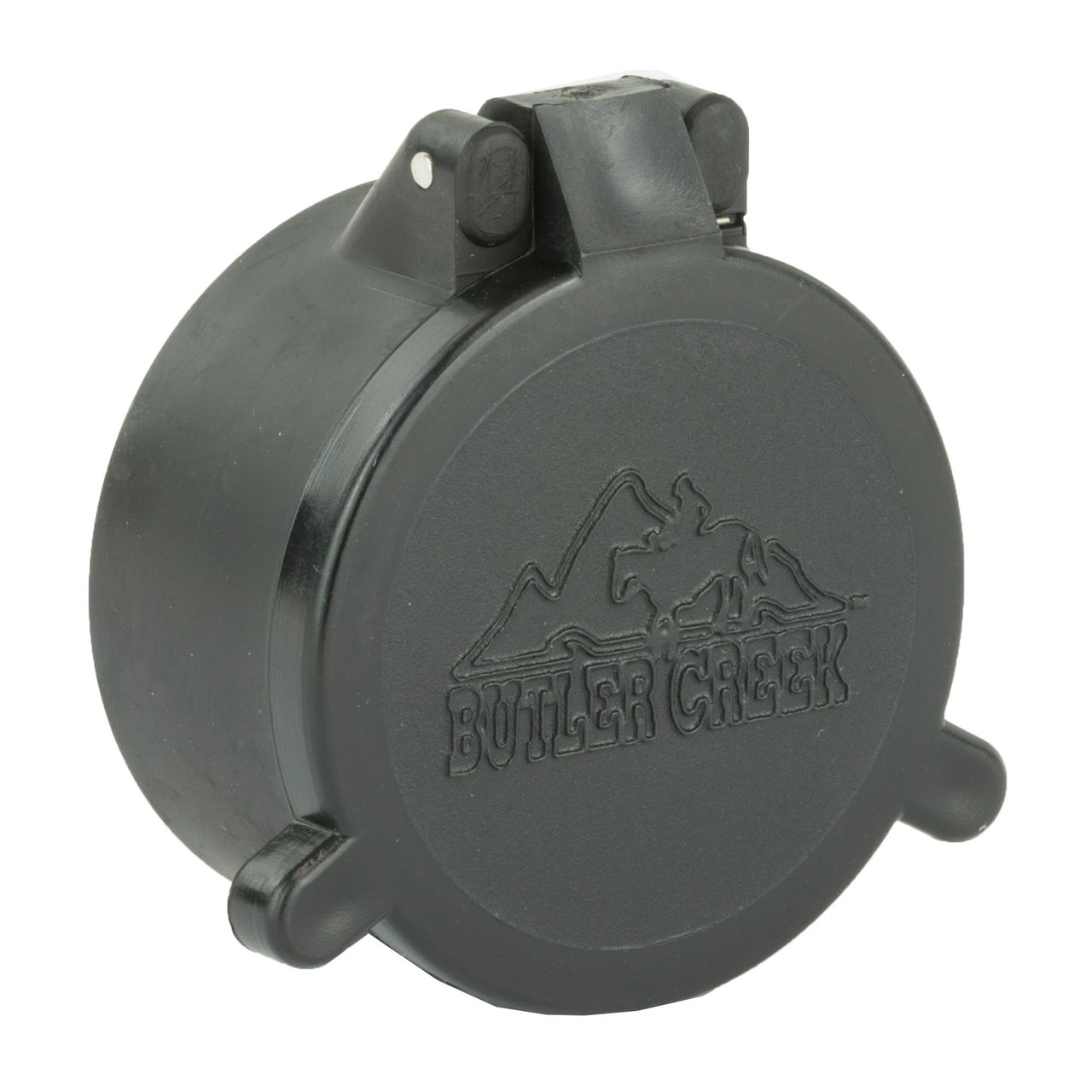 Butler Creek 30090 Flip Scope Cover, waterproof and dustproof optics protection for hunting scopes, black protective cover with mountain logo.