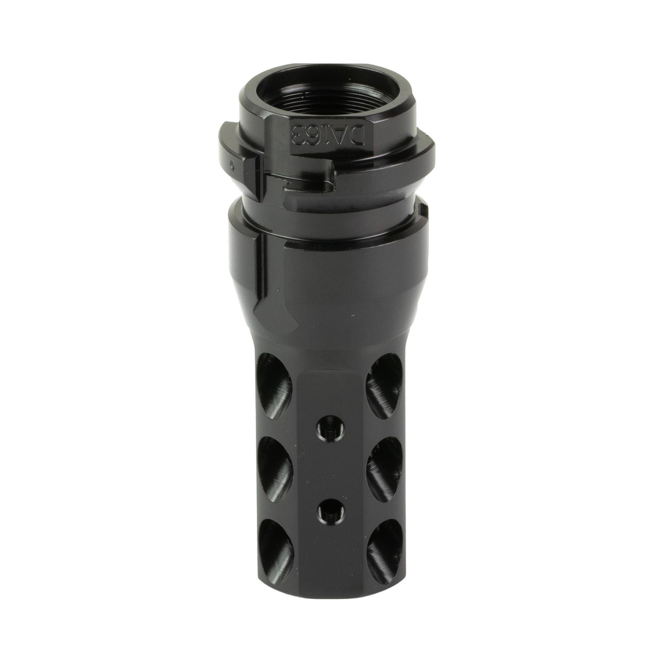 Dead Air Armament DA163 KeyMo Muzzle Brake for 45 Caliber Firearms, black metallic muzzle device with multiple cutouts for enhanced stability and control.