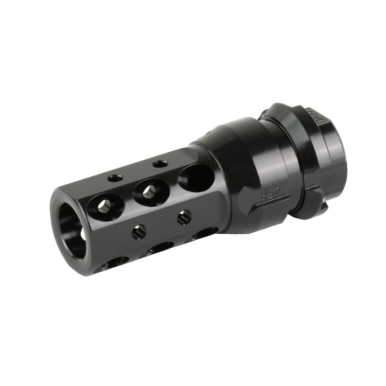 Dead Air Armament DA163 KeyMo Muzzle Brake, black metallic muzzle brake with multiple holes for enhanced stability and control for 45 caliber firearms.