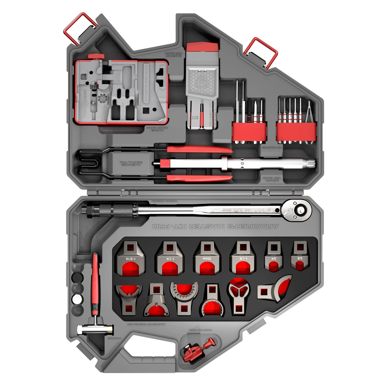Real Avid REAL AVID AR15 PRO ARMORER MASTER KIT, organized firearm maintenance and repair tools in a grey and red case, including wrenches, screwdrivers, and specialized AR-15 rifle parts.