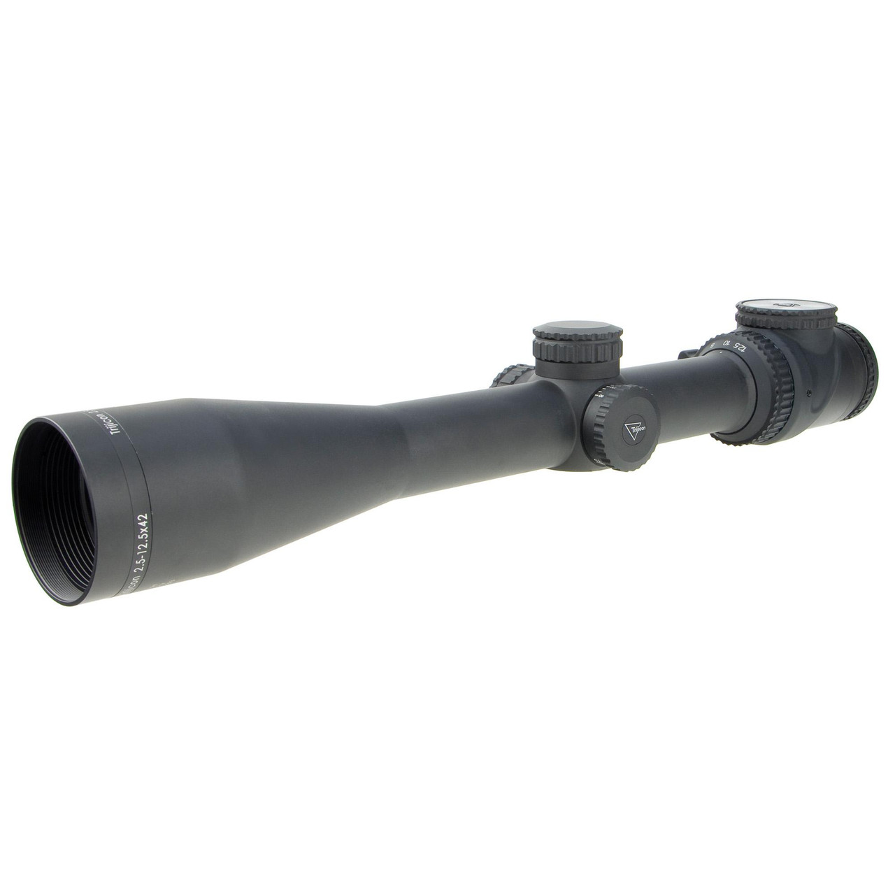 Trijicon ACCUPOINT 2.5-12.5X42 MOA G, tactical rifle scope with a black matte finish, adjustable zoom, and precise measurement reticle for long-range shooting.