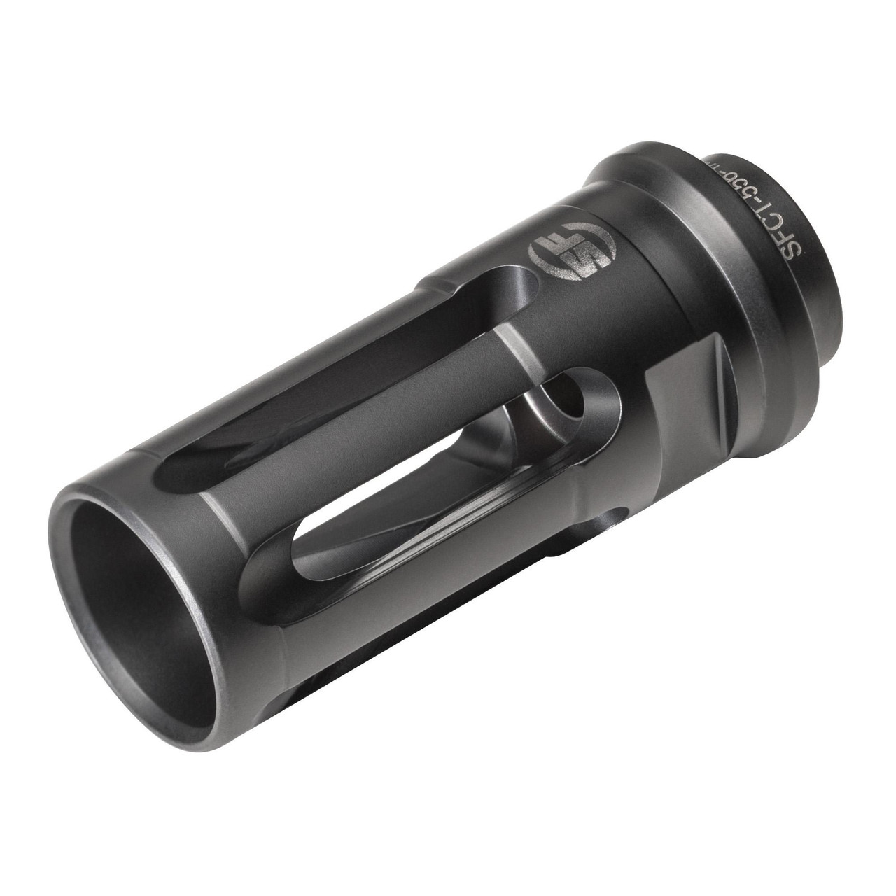 Surefire SUREFIRE Closed-Tine FH 5.56 1/2X28, a black firearm flash hider with a sturdy, closed tine design and mounting threads for 5.56 caliber rifles.