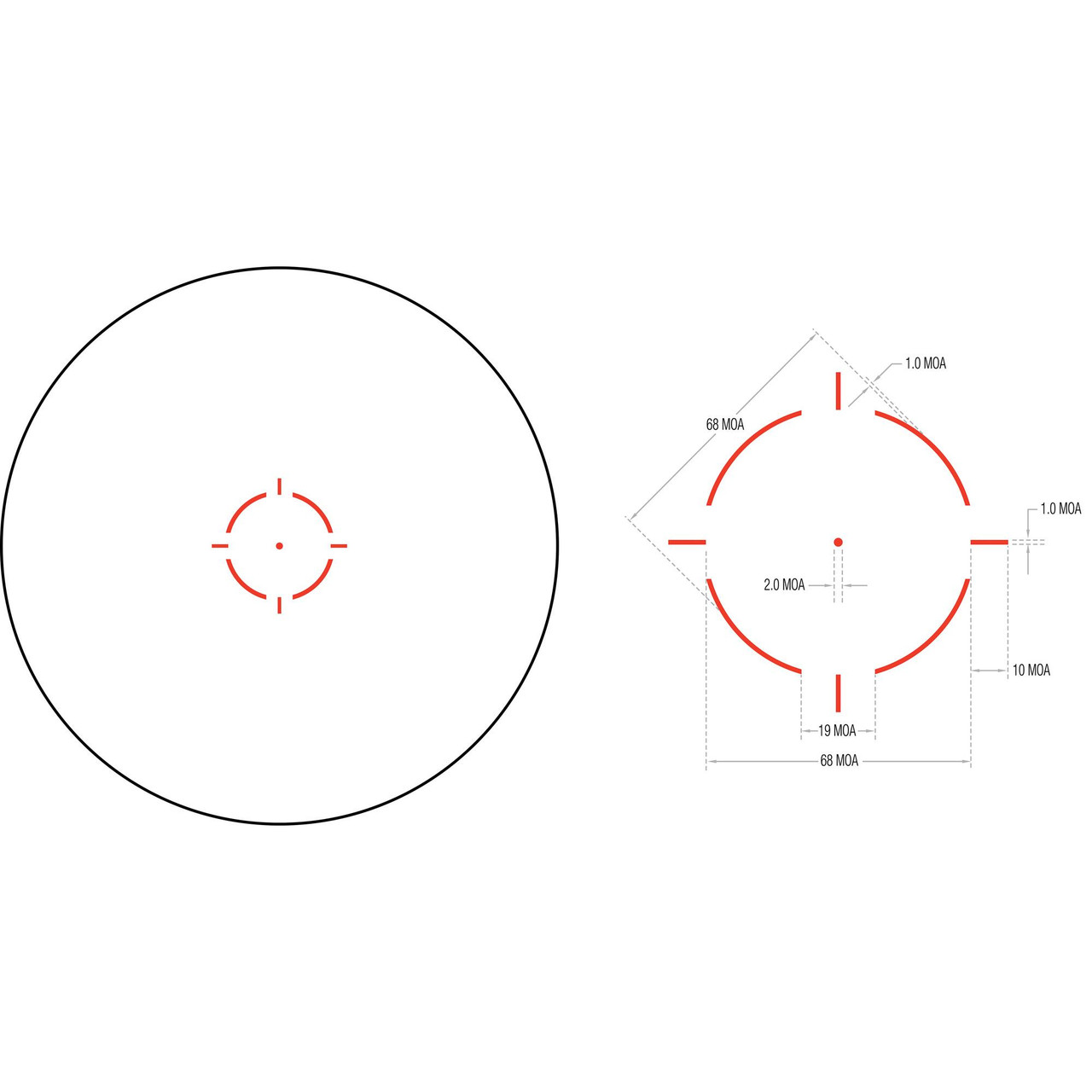 Trijicon TRIJICON MRO HD RED DOT FULL CO-WIT, illustration of the red dot sight reticle with measurements and MOA specifications.