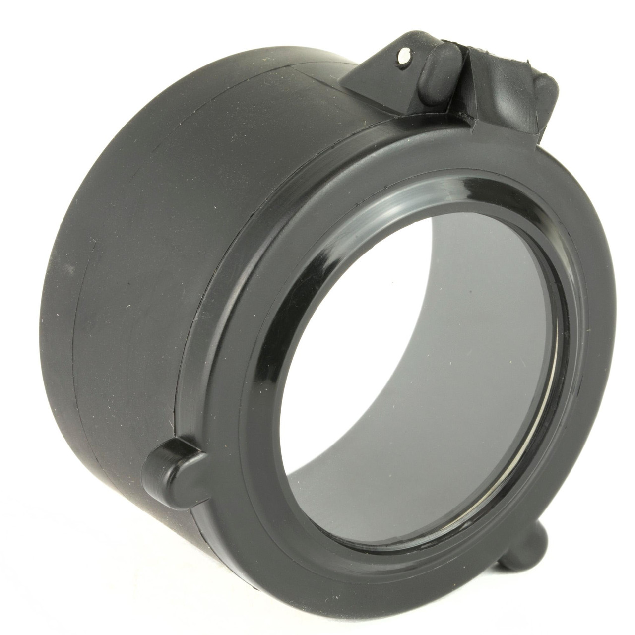 Butler Creek BTLR CRK BLIZZARD SCP COVER CLR #8, a black shotgun scope cover with a transparent window and latch for secure fit.