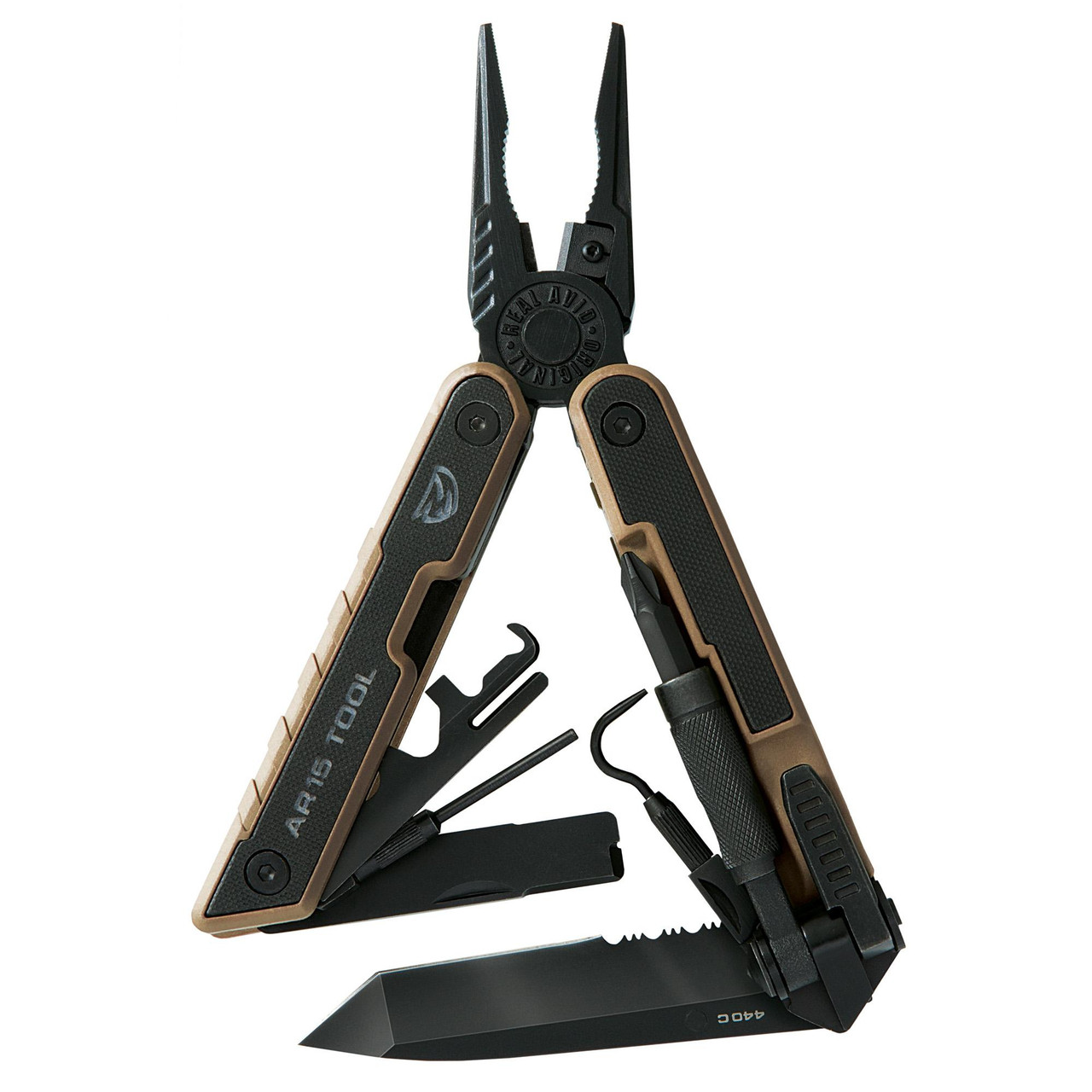 Real Avid REAL AVID AR15 TOOL, multi-functional firearm cleaning and maintenance kit with pliers, hex keys, blade, and various attachments.