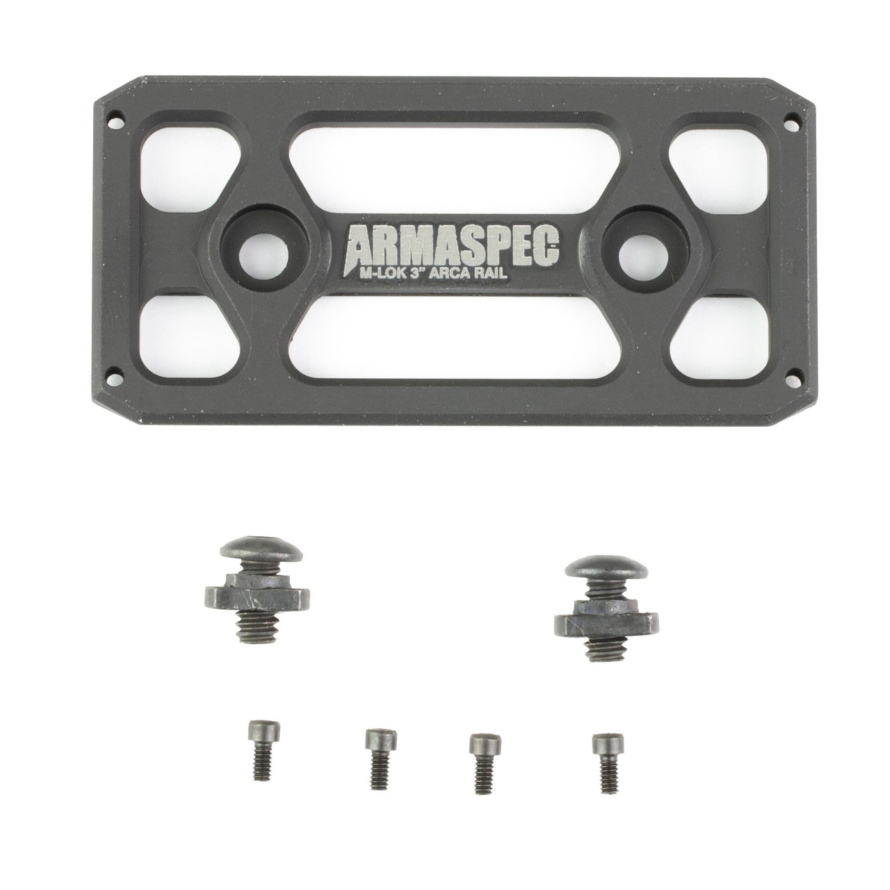Armaspec ARMASPEC M-LOK TO ARCA RAIL 3" BLK, black tactical rail with mounting hardware for firearm accessories.