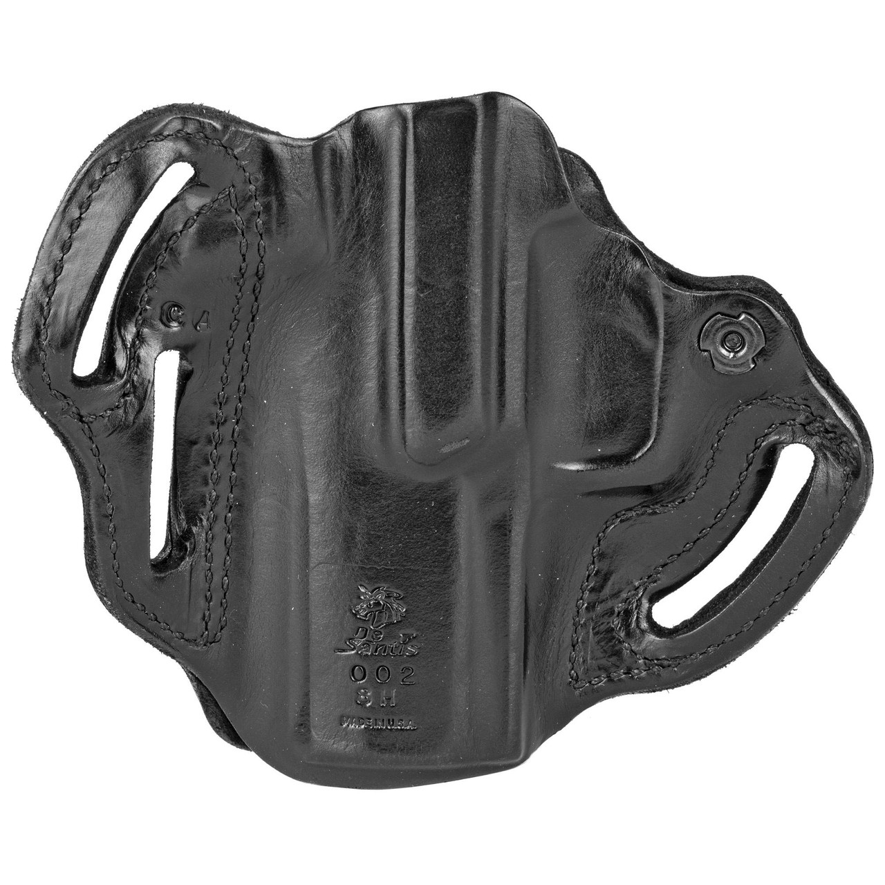 DeSantis Gunhide DESANTIS SPD SCAB SIG P320 CMP BK RH, black leather holster for SIG P320 handgun, right-handed design with retention slot and stitching details.
