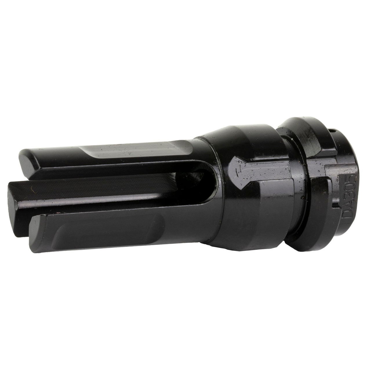 Dead Air Armament Dead Air Keymo Flash HDR SCAR17, black metallic firearm flash suppressor with a cylindrical shape and multi-port design.