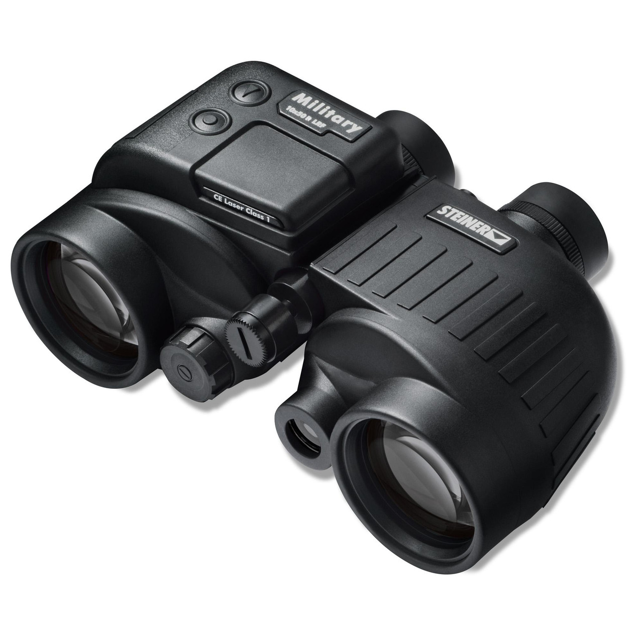 Product Steiner STEINER 10X50 MIL BINO M1050 LRF, a compact black binocular with laser rangefinder, rubberized exterior, and adjustable focus for outdoor and wildlife observation.