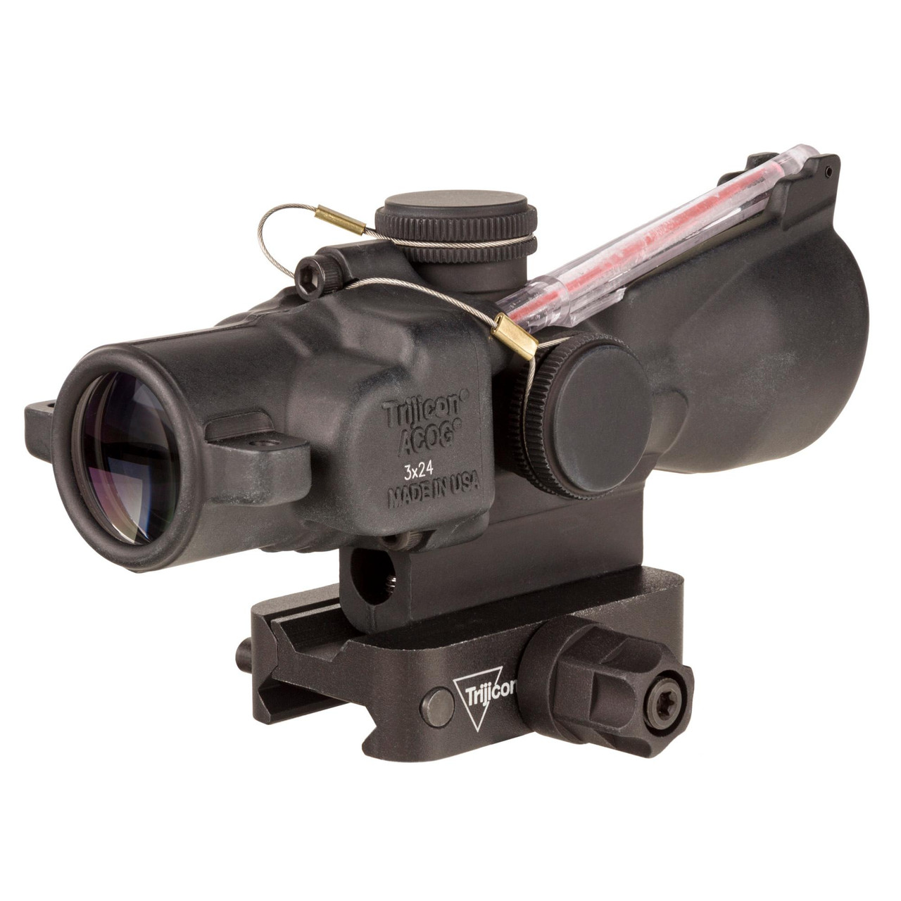 Trijicon ACOG 3X24 RED HS/DOT rifle scope, magnified optic with red illuminated reticle and durable black housing for tactical use.