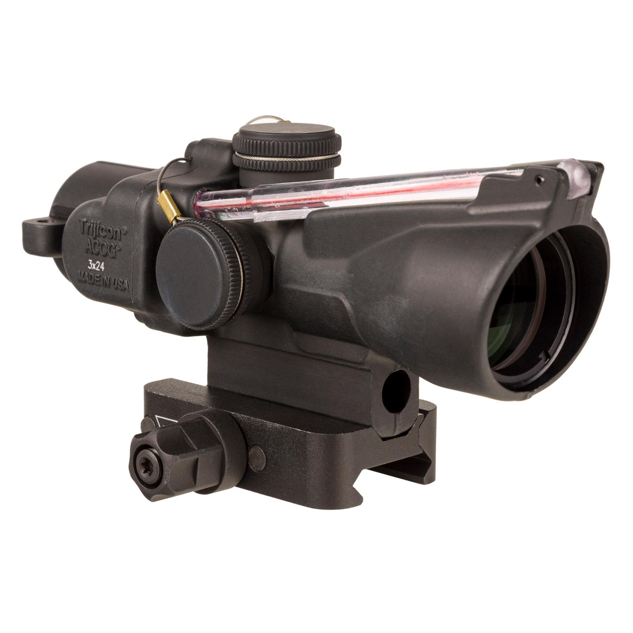 Trijicon TRIJICON ACOG 3X24 RED HS/DOT .223, a rifle scope with a black finish, magnification adjustment, and red laser sight mounted on top.