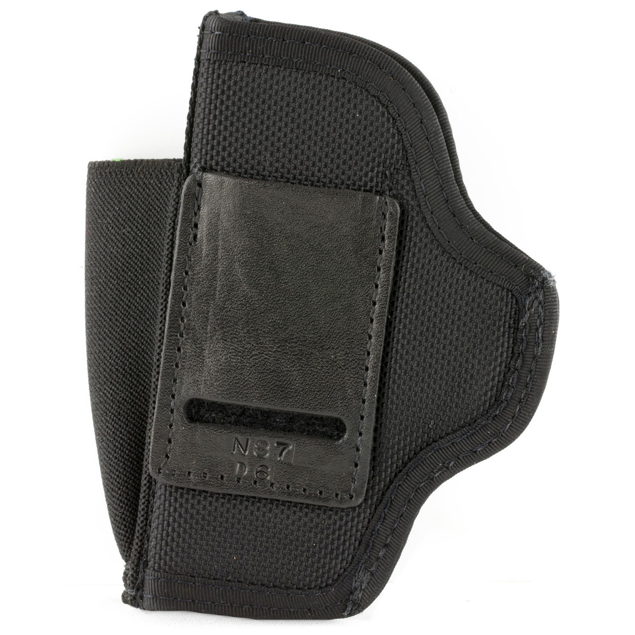 DeSantis Gunhide DESANTIS PROSTLTH FOR GLK 43 LC9 BLK, tactical gun holster in black with a textured surface and a leather snap strap for secure hold.
