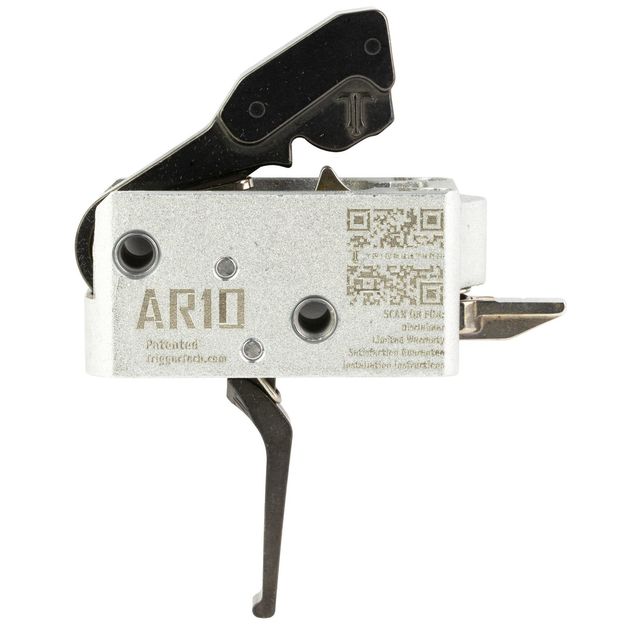 TriggerTech AHT-TDB-33-NNF AR10 Two-Stage 3.5LB Trigger - Precision MIL-SPEC Flat Design for Law Enforcement & Tactical Shooters, close-up of the trigger mechanism with metal and black components.