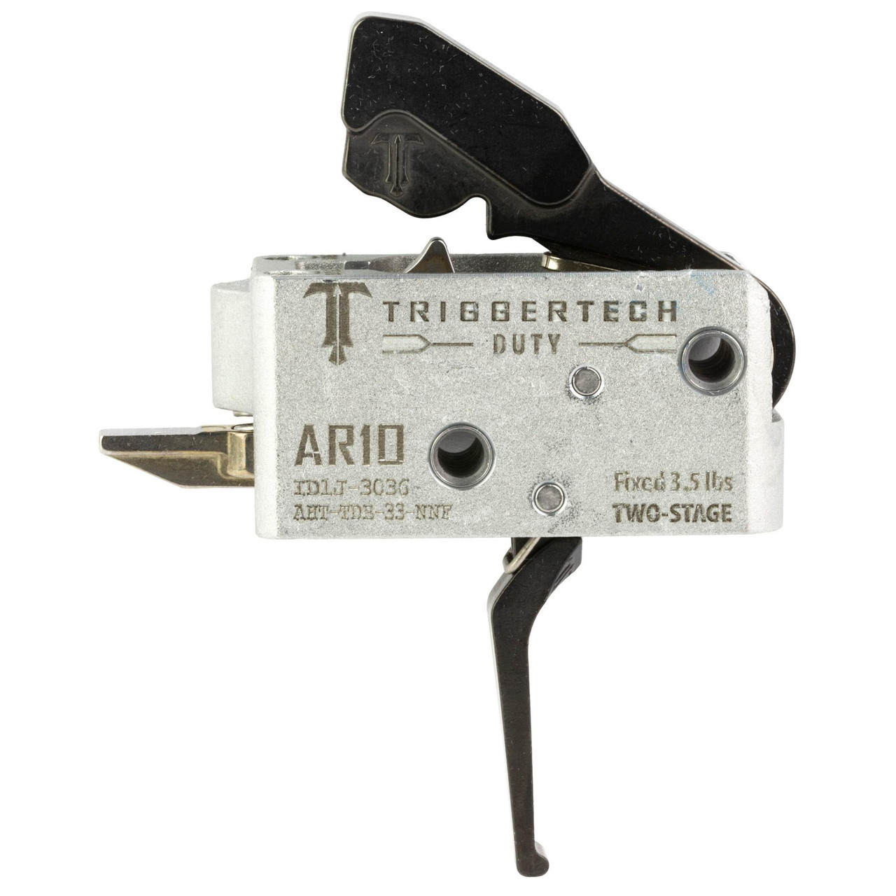 TriggerTech AHT-TDB-33-NNF AR10 Two-Stage 3.5LB Trigger, precision MIL-SPEC flat design for law enforcement and tactical shooters, shown in a close-up image highlighting its metal construction and components.