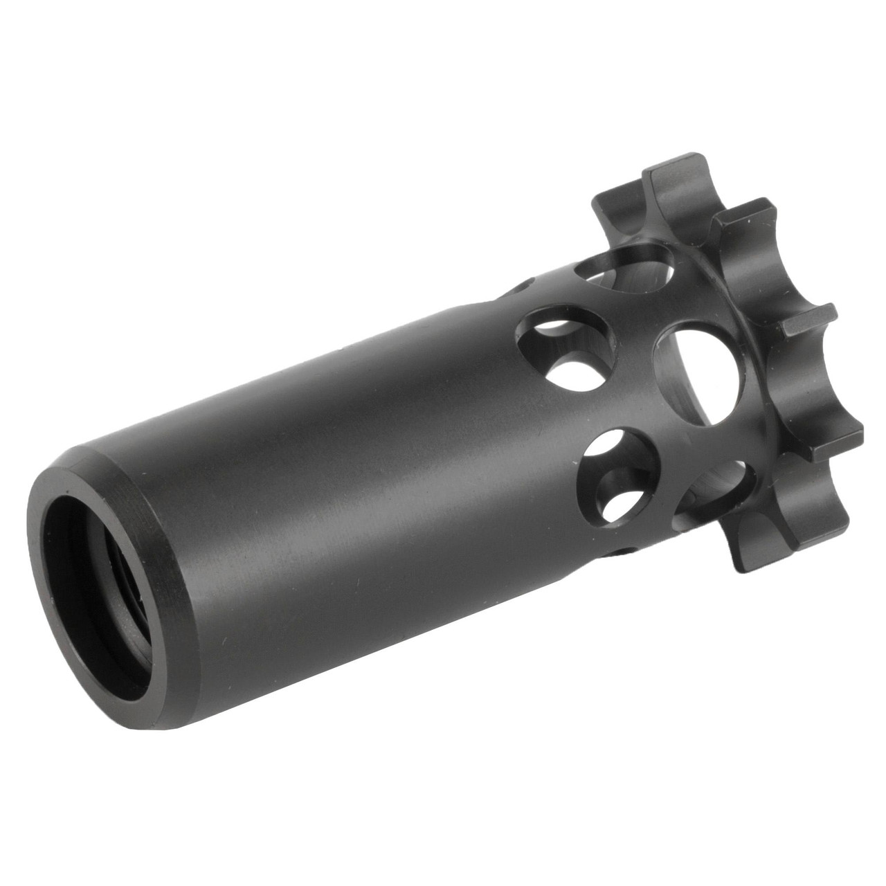 Dead Air Armament DEAD AIR GHOST PISTON M13.5X1LH, black metal gun accessory with a cylindrical body and a star-shaped flange at one end.