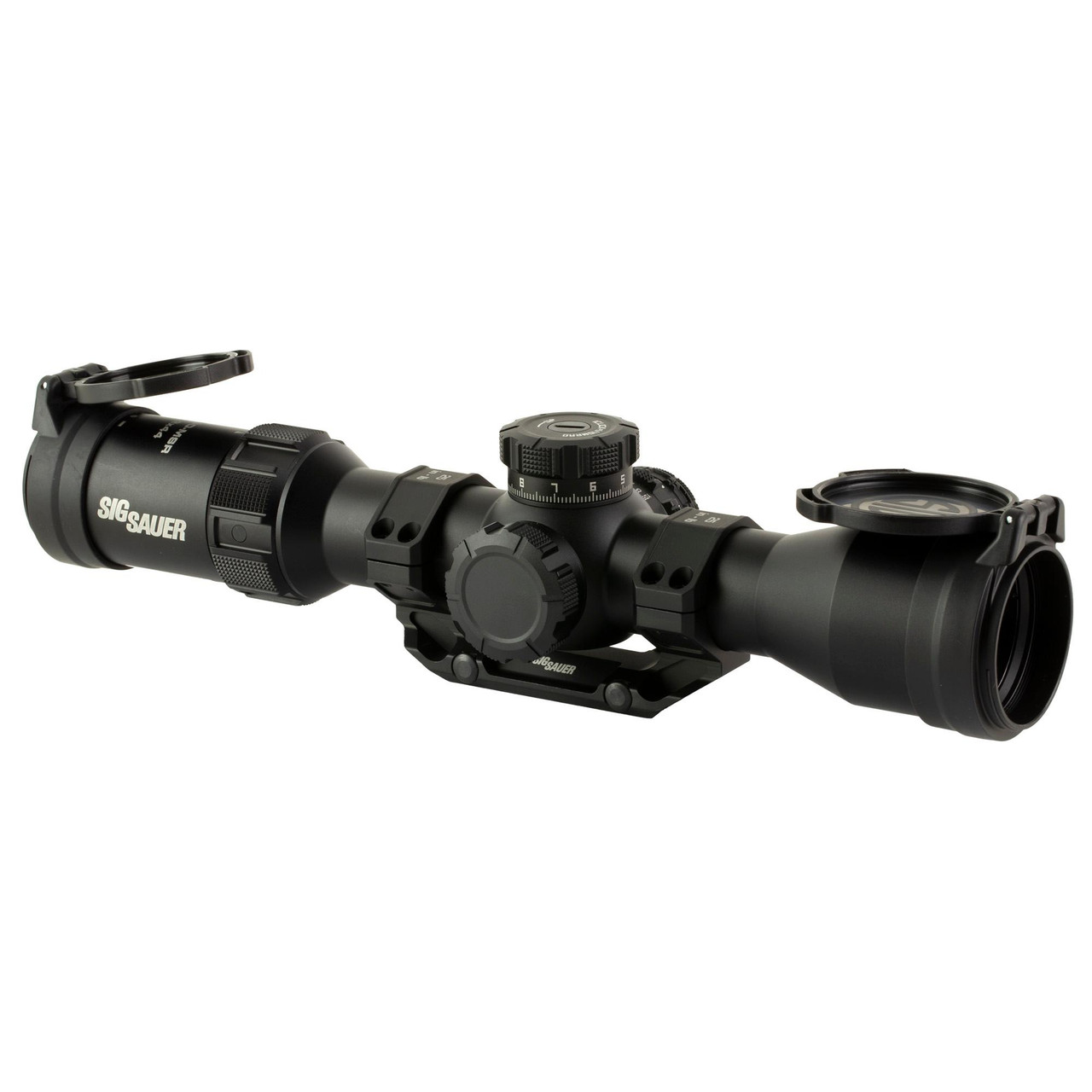 Sig Sauer SIG TANGO MSR 2-12X44 34MM FFP MRAD rifle scope, black tactical scope with adjustable turrets and lens covers.