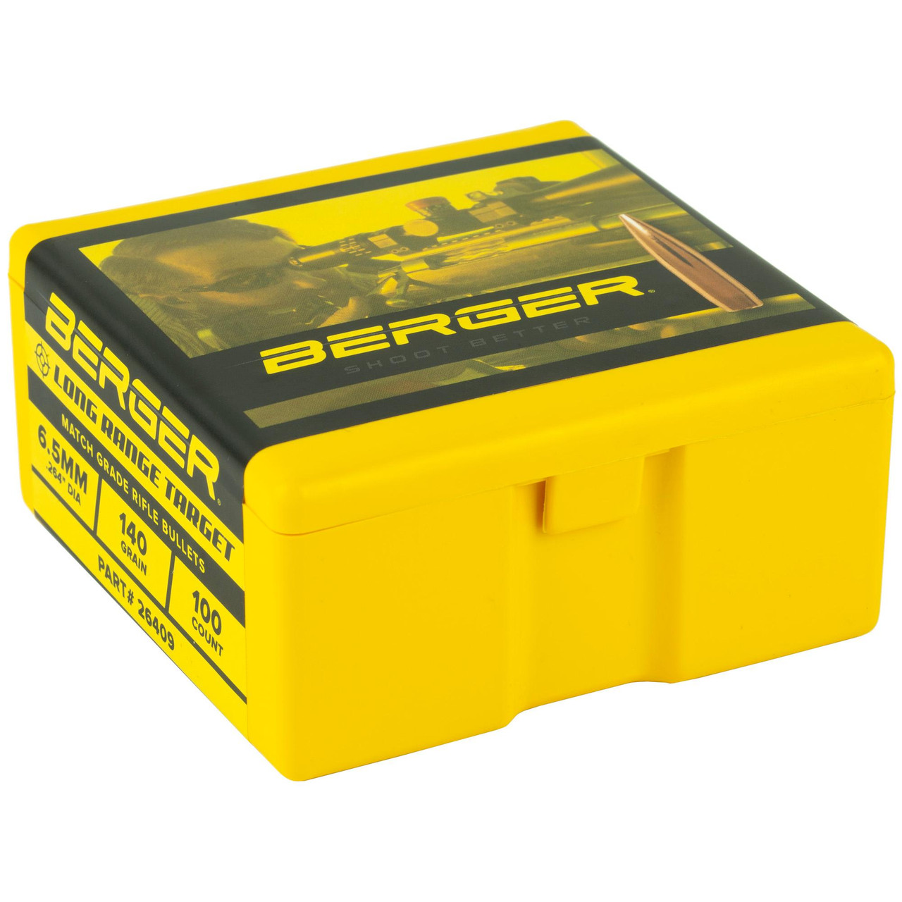 Berger Bullets BERGER .264 140G TRG BTLR 100CT, yellow plastic storage box with black and yellow label, containing rifle ammunition projectiles.