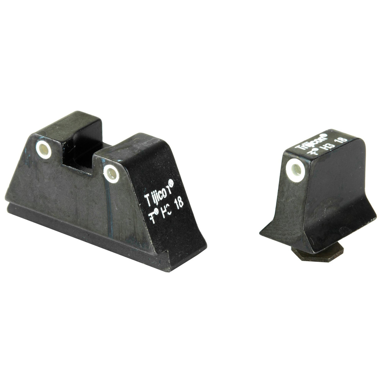 Trijicon Suppressor Night Sight in Green/Orange for Glock 9mm, firearm accessory with two black sight components isolated on white background.