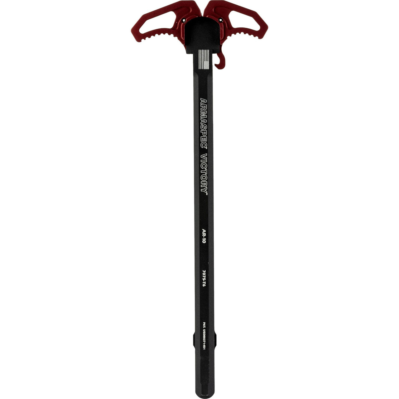 Armaspec ARMASPEC VICTORY AR10 CHRG HNDL RED, a tactical magazine release handle in red color with black handle featuring white branding and specifications.