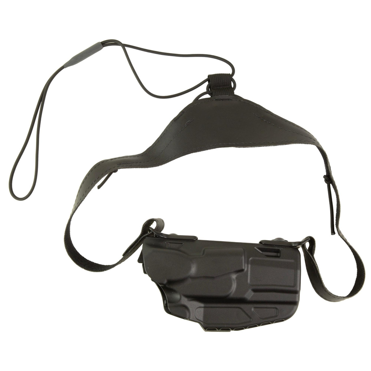 Safariland 7053 SIG P320C 9/40 SAFSEV BLK RH, a black ambidextrous holster with a tactical design and adjustable strap for secure firearm carrying.
