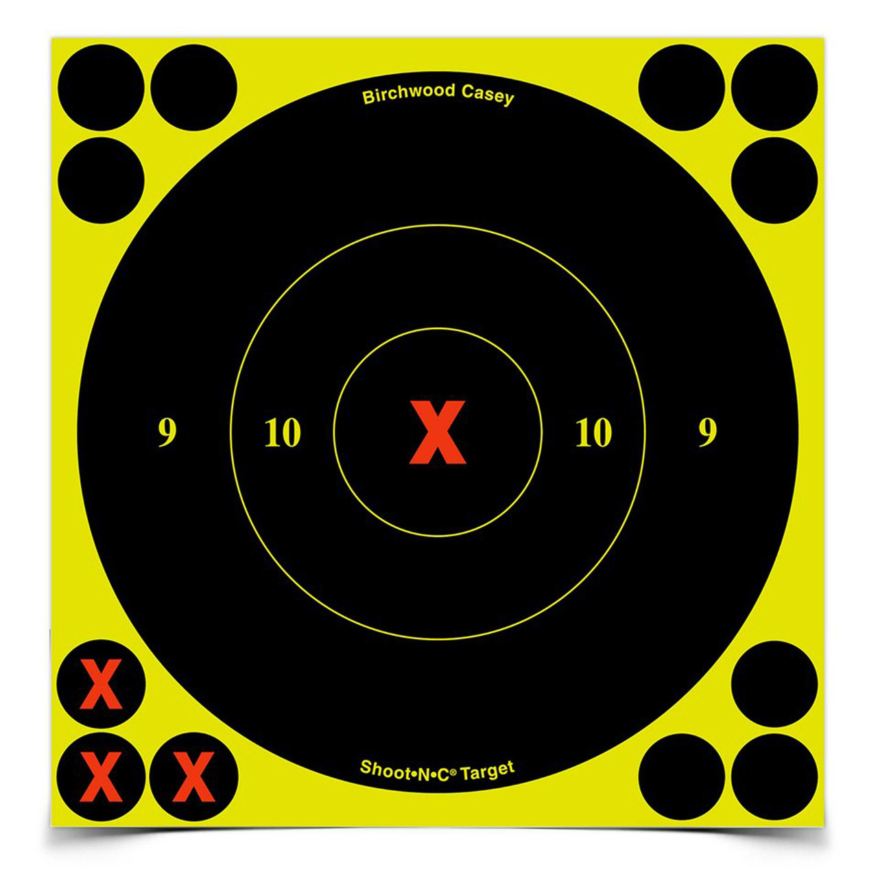Birchwood Casey B/C SHT-N-C RND X-BULLSEYE TGT 60-6", a black and yellow shooting target with concentric rings and red X marks for aiming practice.