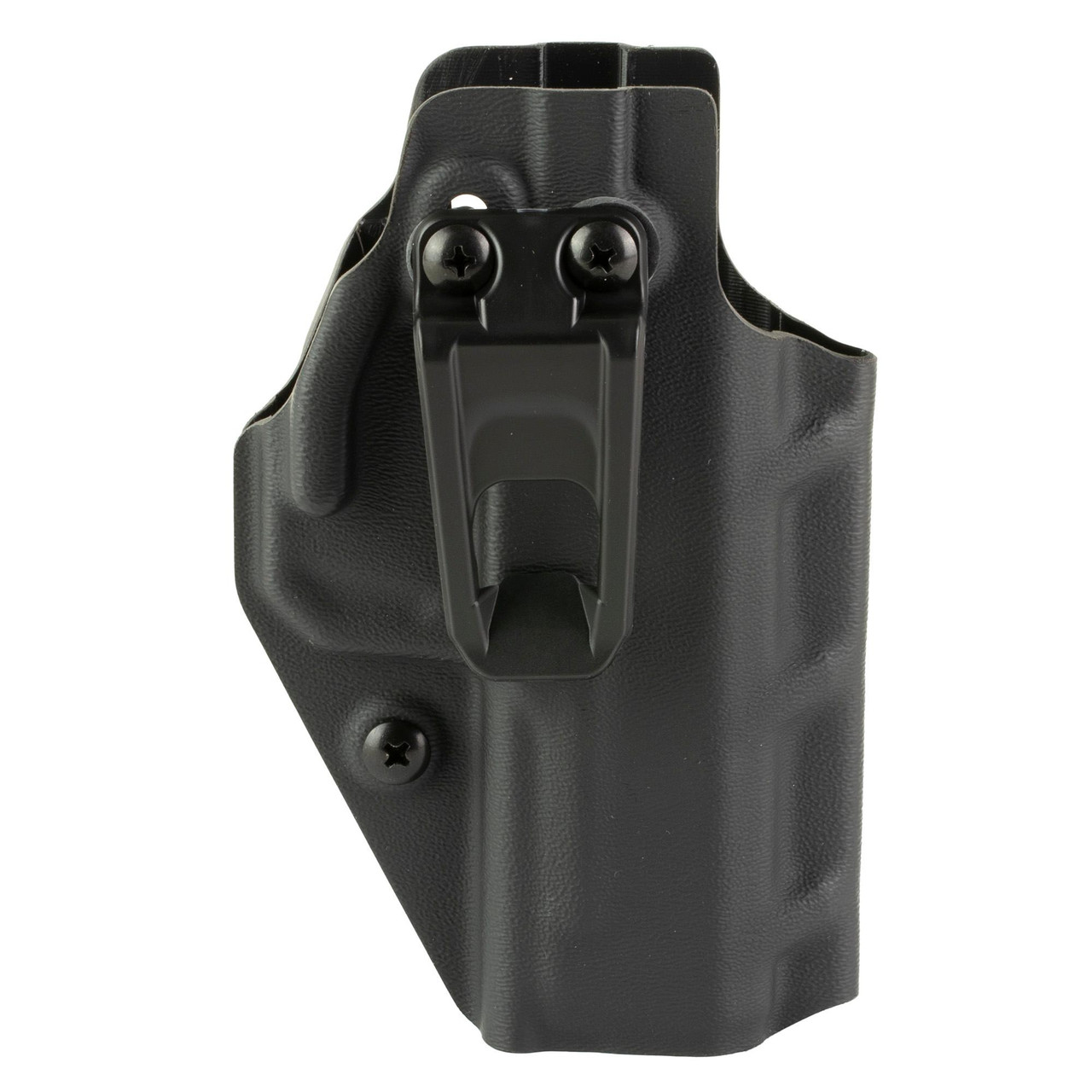 Crucial Concealment CRUCIAL AMBI COVERT IWB RM1C BLK, a black inside-the-waistband concealment holster with a clip for secure carrying.