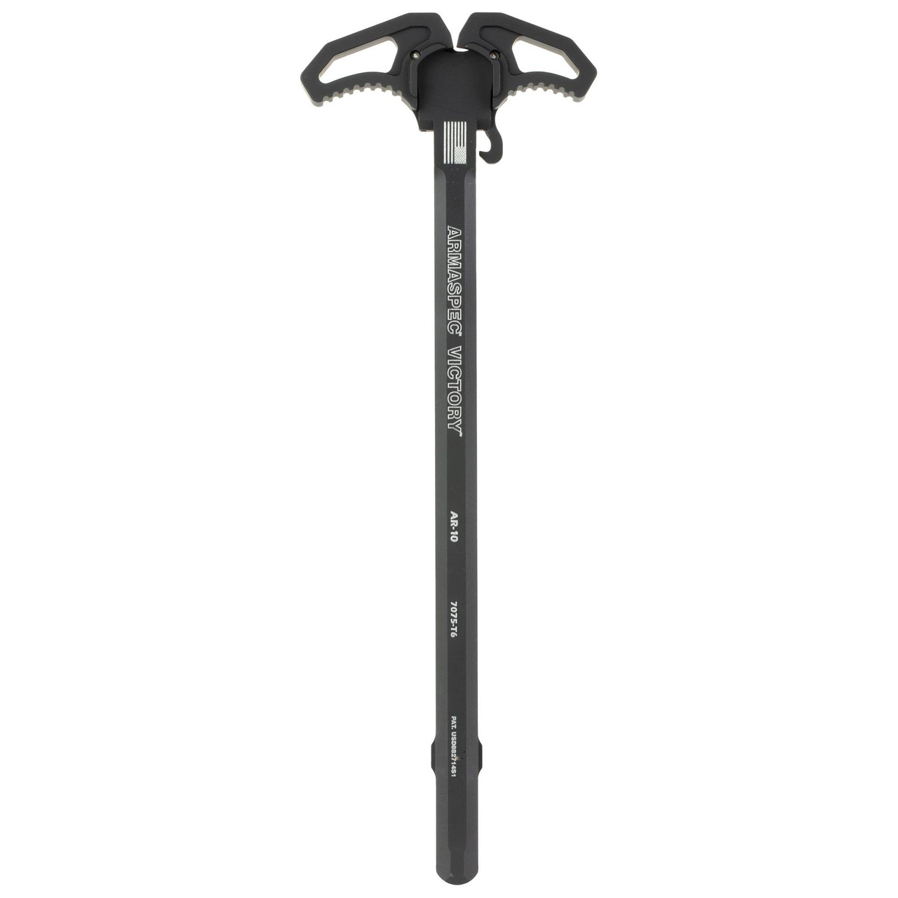 Armaspec ARMASPEC VICTORY AR10 CHRG HNDL BLK, black charging handle for AR10 rifles with textured grip design.
