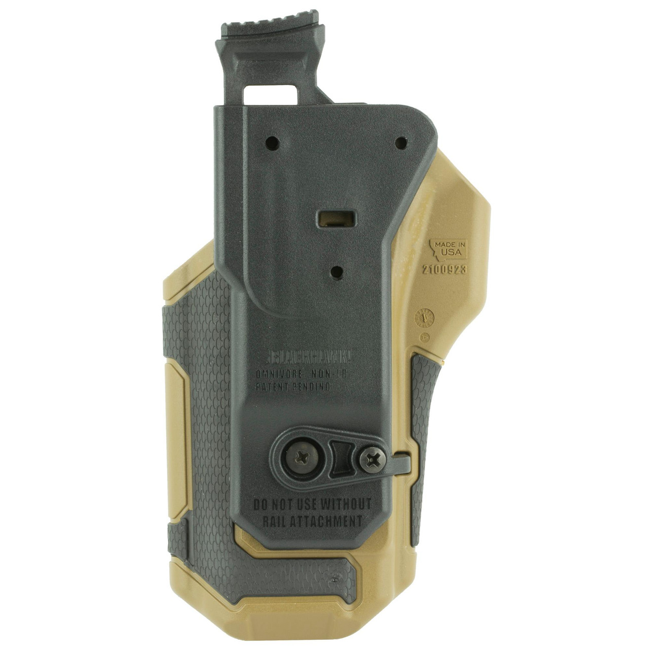 BLACKHAWK BH OMNIVORE NONLIGHT RH BLK/TAN, tactical handgun with black and tan finish and textured grip.
