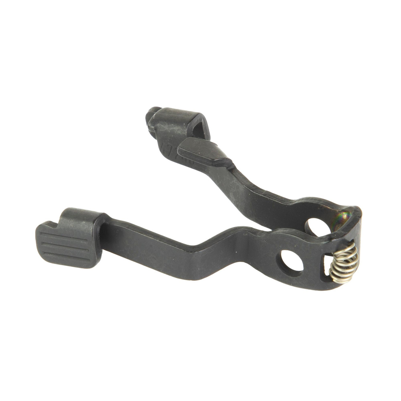 GLOCK OEM SLIDE STOP LVR 17/19 GEN5, black metal slide stop lever with spring and textured release button, designed for Glock pistols.