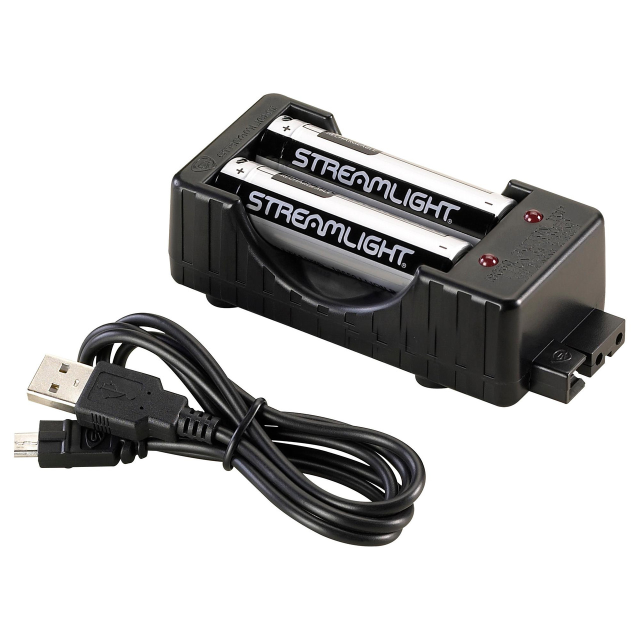 Streamlight SL-BL26 Charging Kit with 2 Batteries, product image showing battery charger with two rechargeable batteries and charging cable for efficient power management.