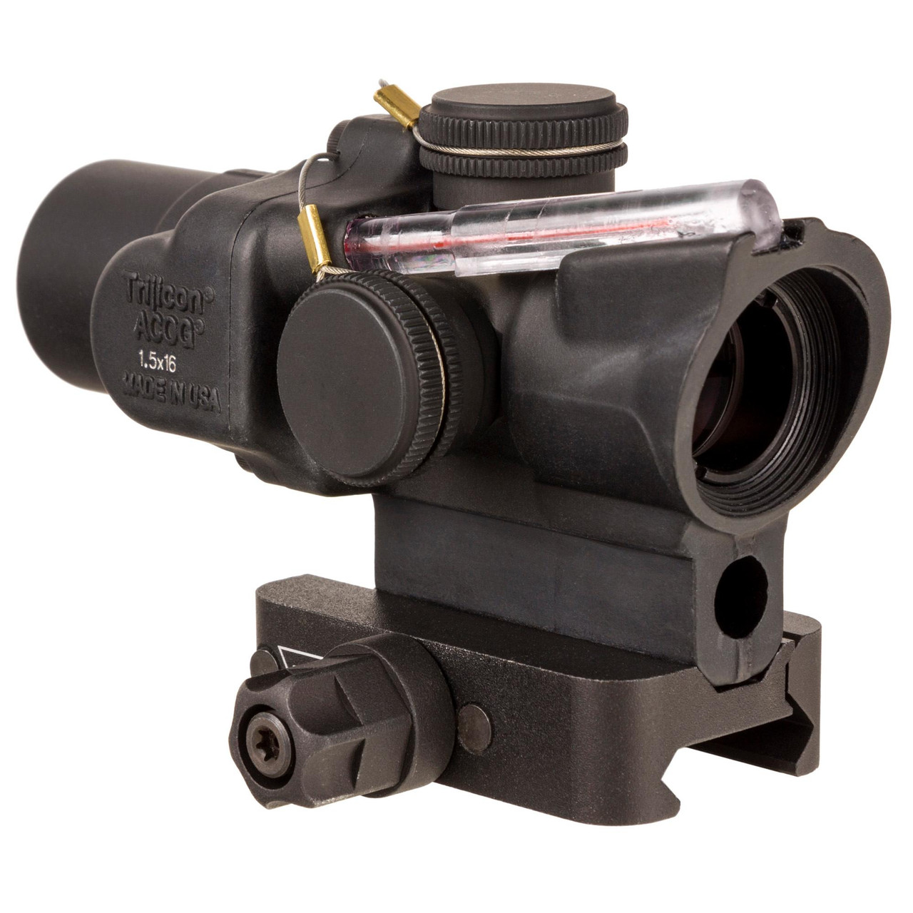Trijicon TA44-C-400390 ACOG Optical Sight 1.5X16mm, tactical scope with black body, magnification lens, and mounting system for .223 caliber rifles.