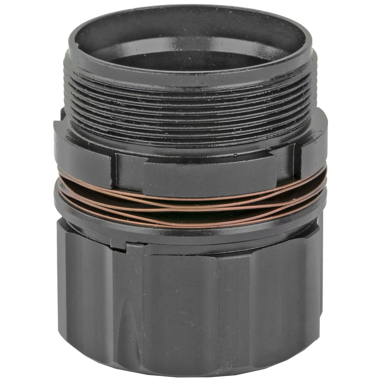 Dead Air Armament DEAD AIR KEY-MO MOUNT FOR SCO OMEGA, black firearm accessory component with threading and copper washers for mounting.