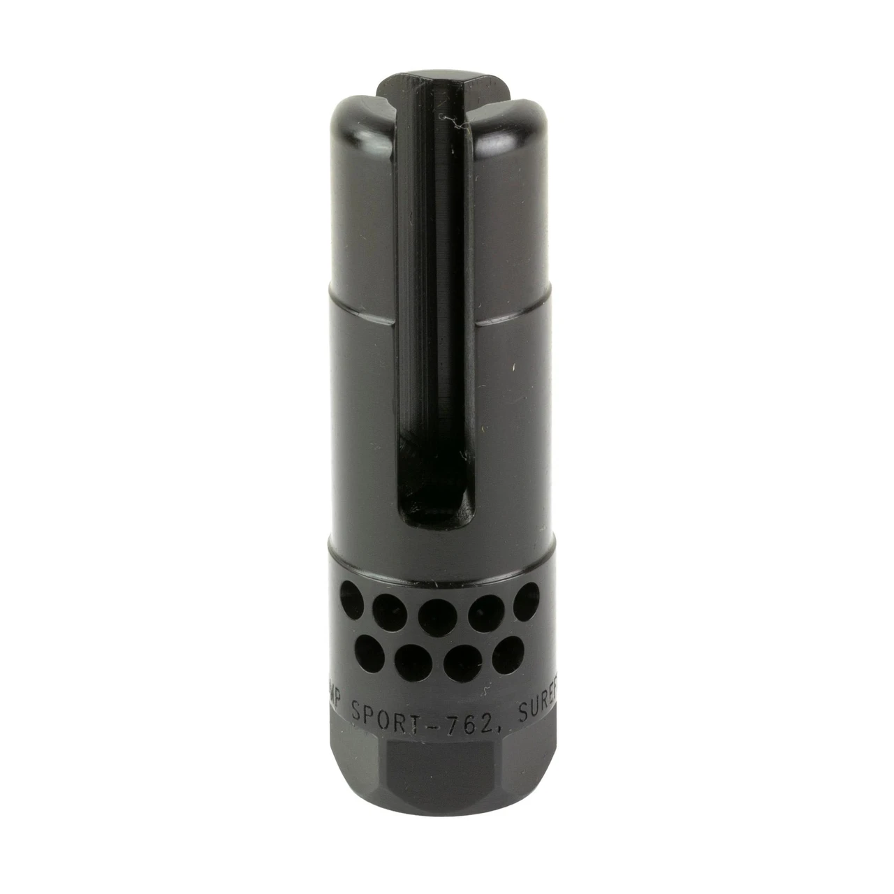 Surefire SUREFIRE WARCOMP SPORT 7.62 5/8-24, a black firearm muzzle device with a cylindrical shape and perforated holes for recoil reduction.