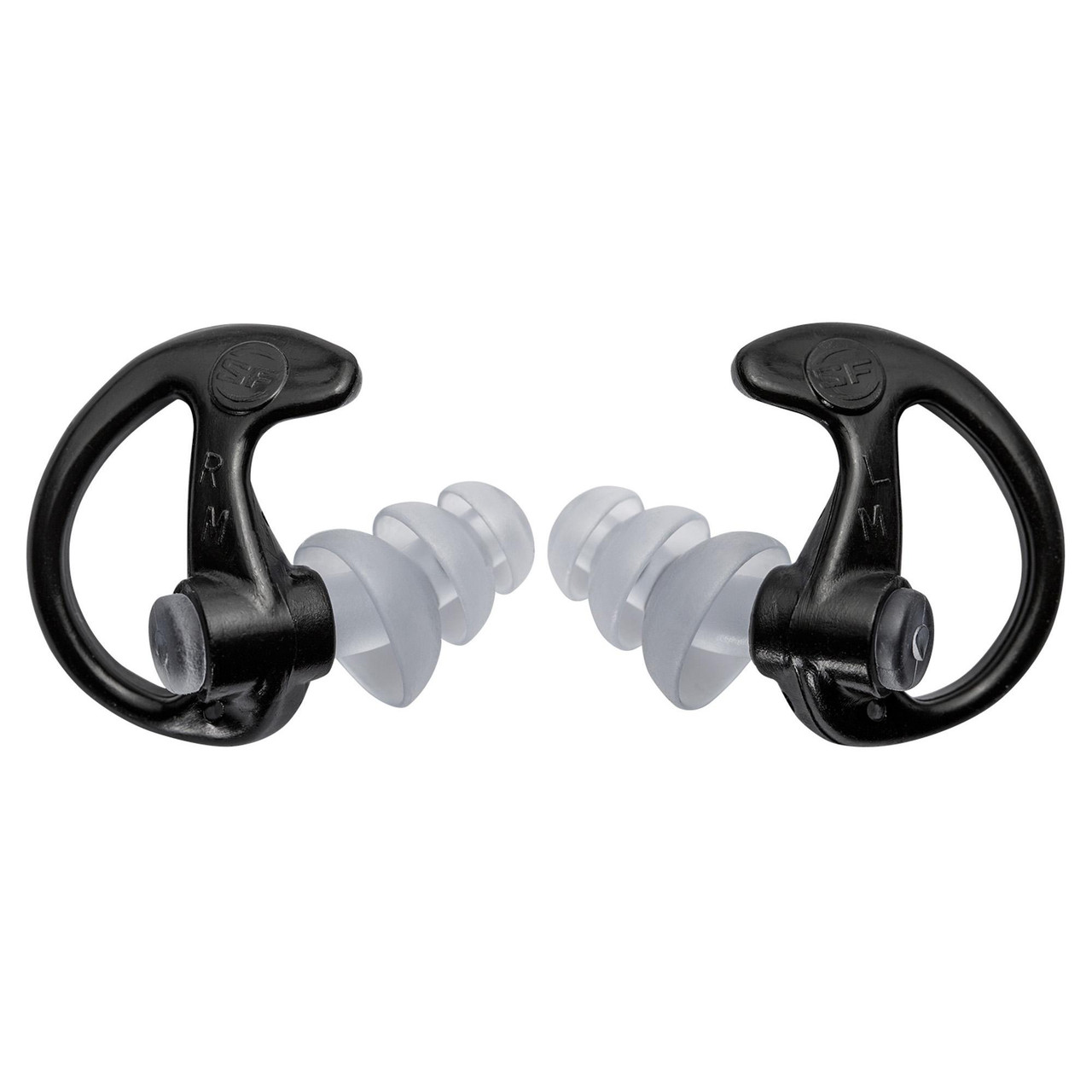 Surefire Sonic DFNDR5 MD BLK 25 Pair, black and clear earplugs with flexible ear hooks for hearing protection.