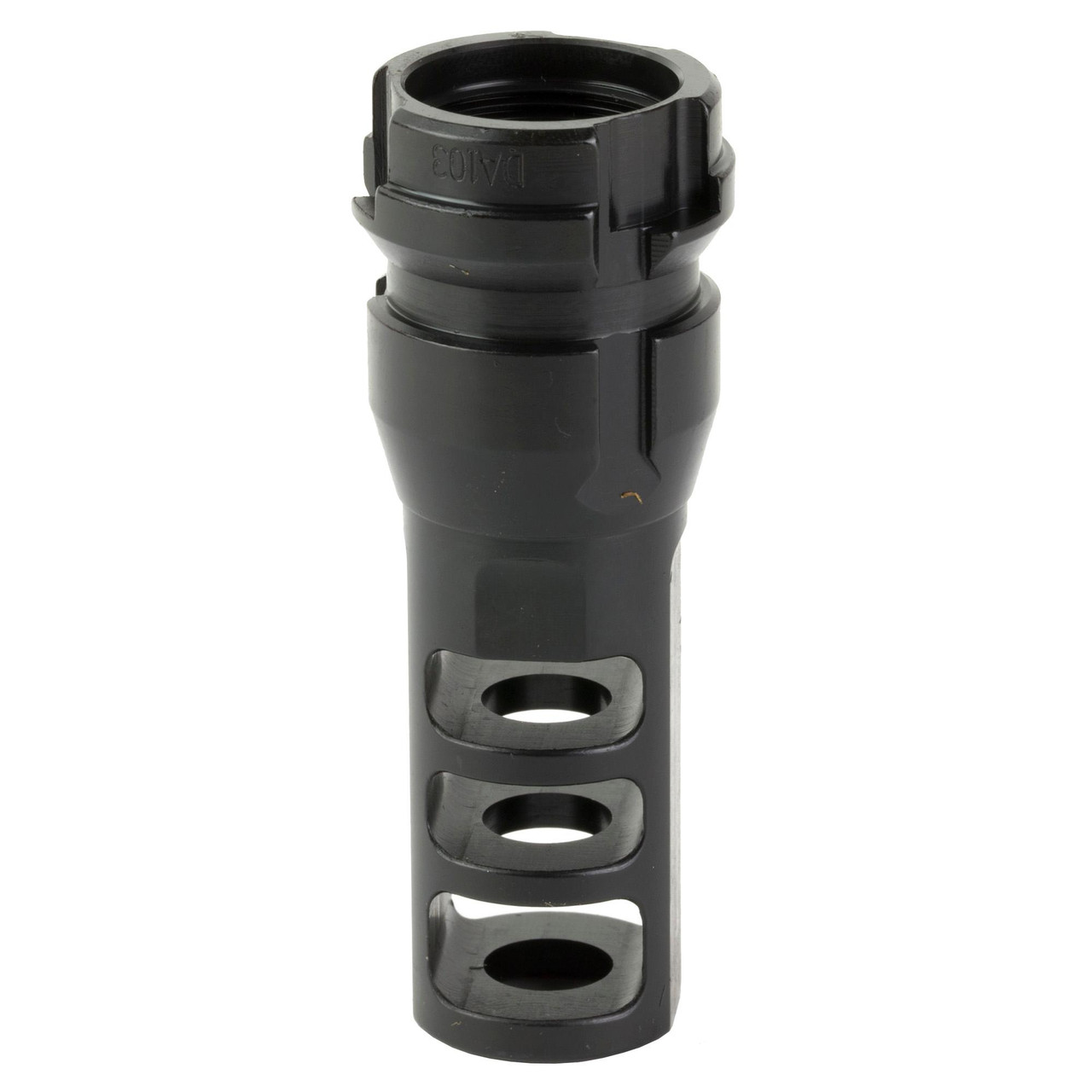 Dead Air Armament DEAD AIR KEYMO MUZZLE BRAKE 3/4X24, black muzzle brake with a cylindrical shape and multiple circular cutouts for reduced recoil.